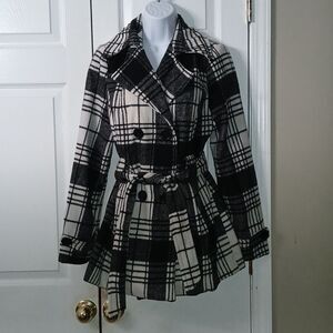 Jou Jou  black white plaid stylish wool blend pea coat  Sz S EUC